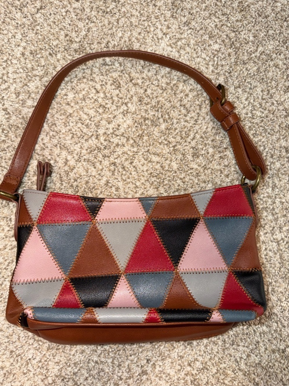 Frye & Co Patchwork Leather Shoulder Bag Boho Triangle Purse - Picture 2 of 10